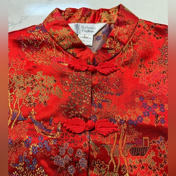 Richness FashionRed Satin Feeling Brocade Chinese Blouse Size Large - Picture 5 of 8
